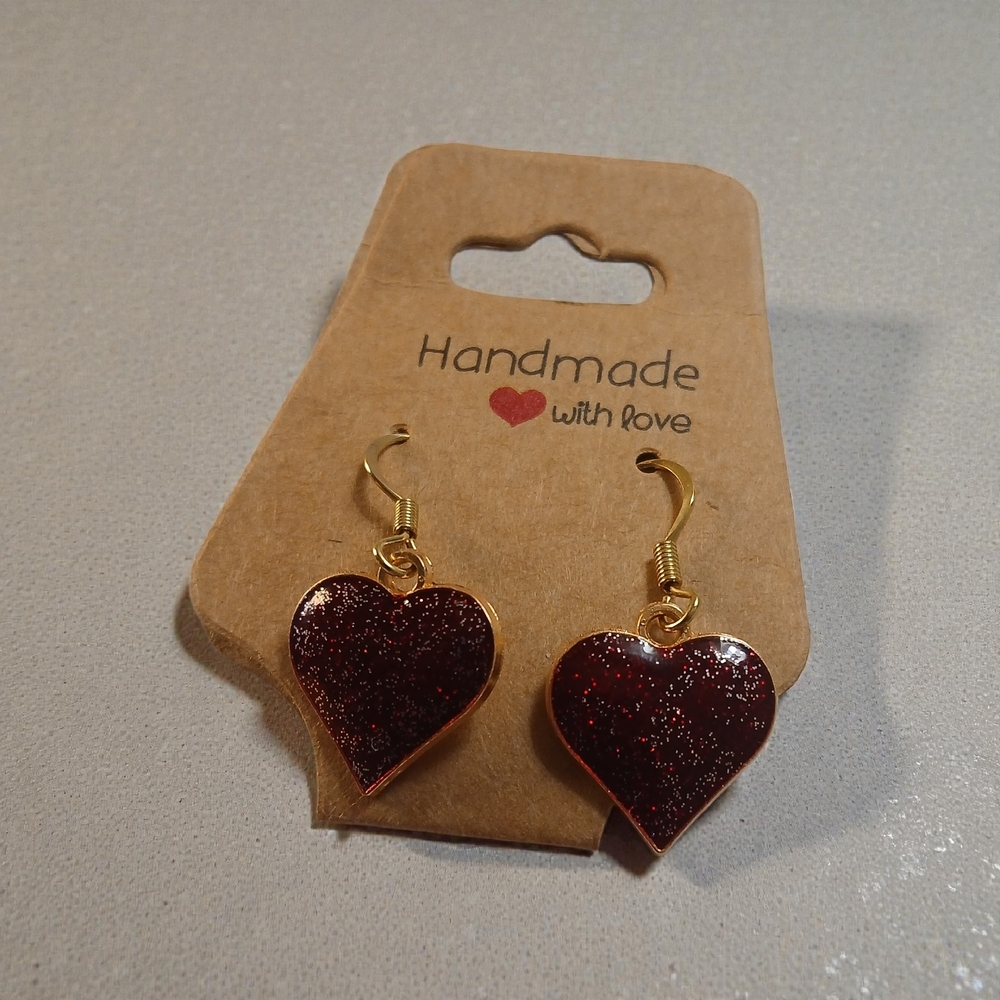 Chic Dark Red Glitter Heart Earrings with Gold Hooks